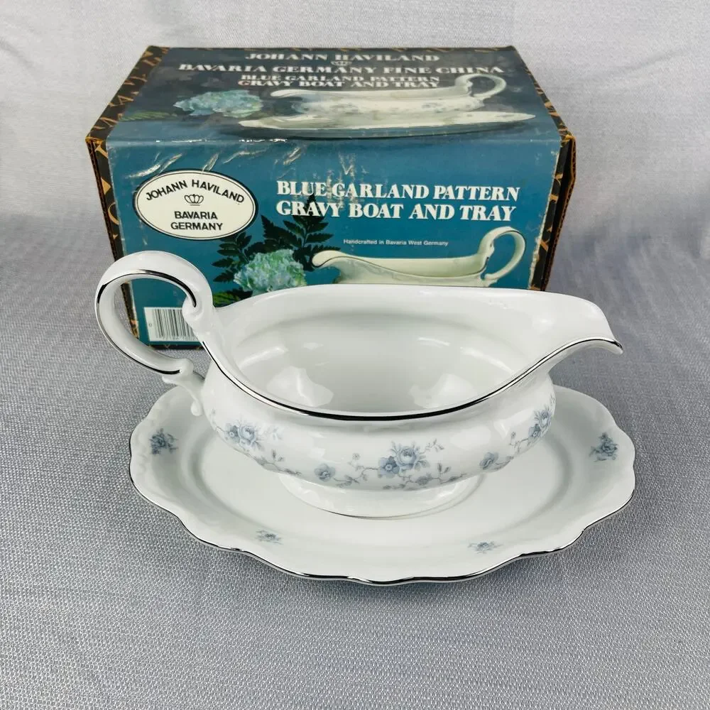 Johann Haviland Gravy Boat and Tray Blue Garland Pattern Bavaria Germany
